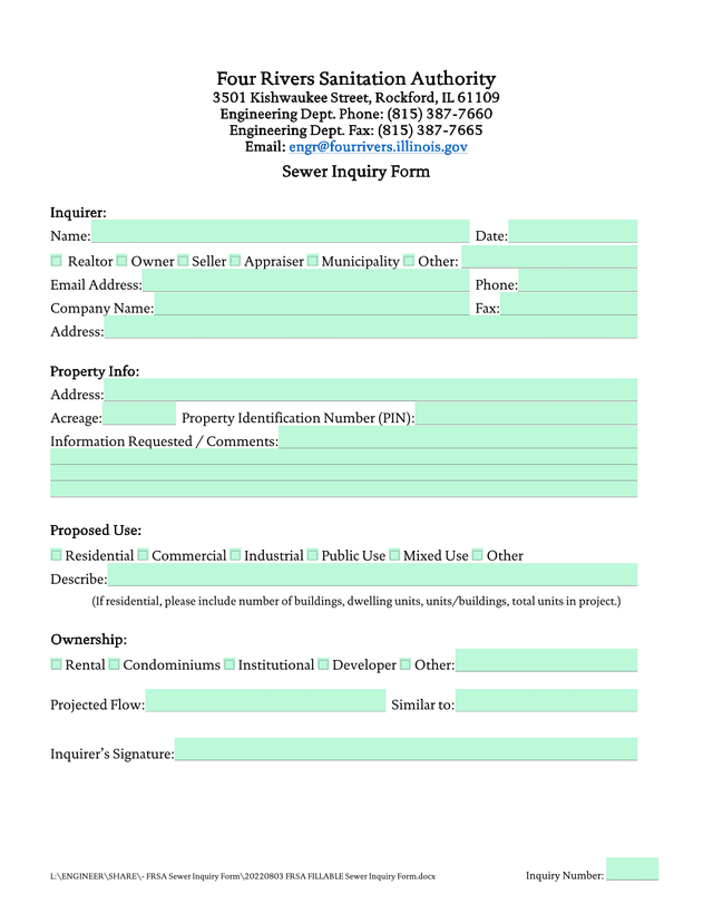 Sewer Inquiry Form screenshot