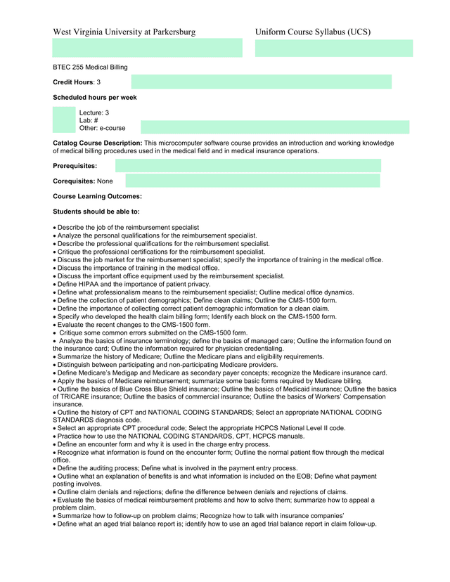 BTEC 255 Medical Billing Uniform Course Syllabus screenshot