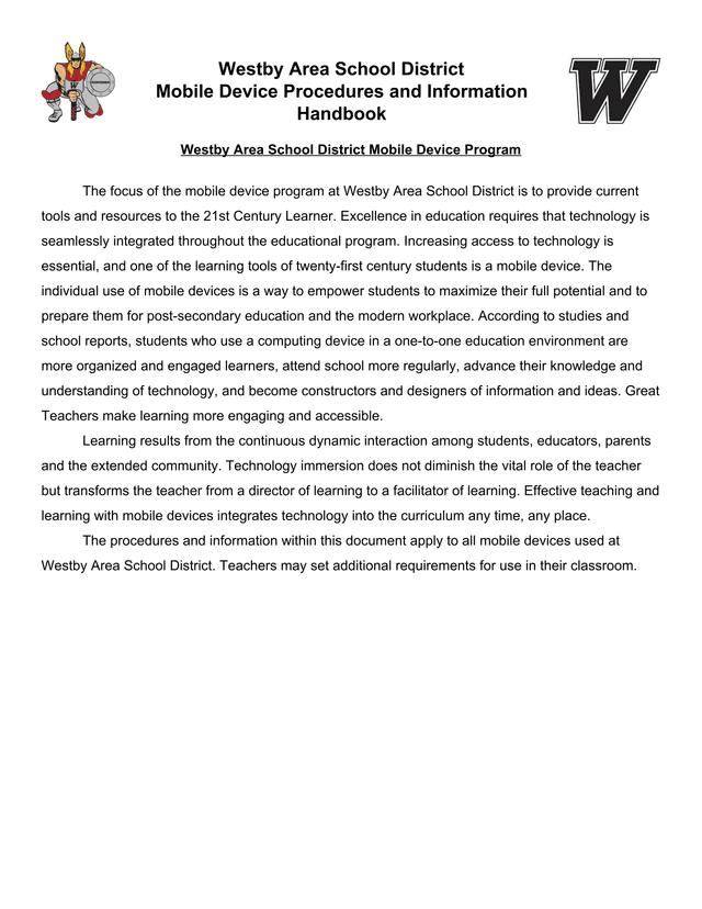 Westby Area School District Mobile Device Procedures And Information Handbook screenshot