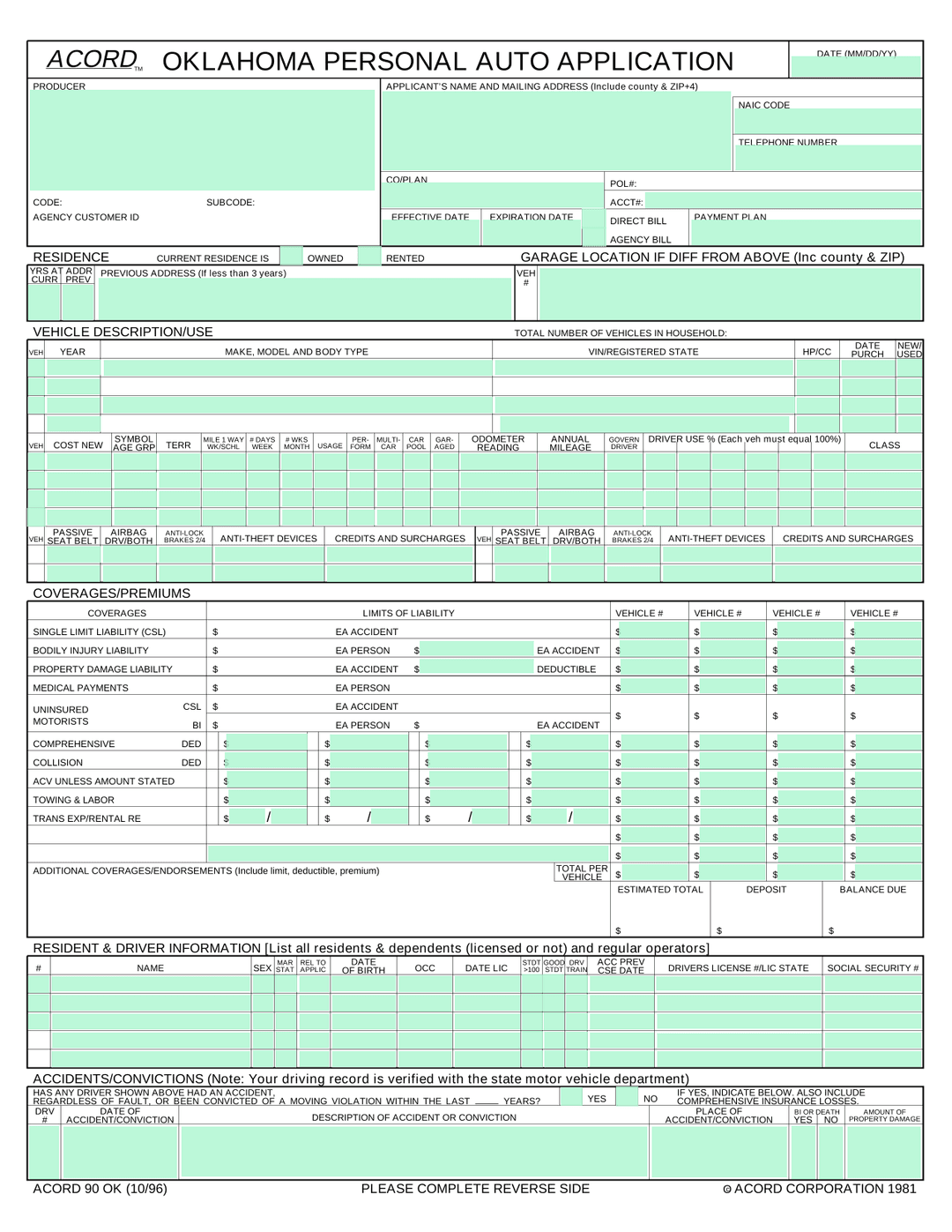 Oklahoma Personal Auto Application (ACORD 90 OK)
