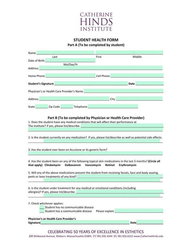 STUDENT HEALTH FORM screenshot