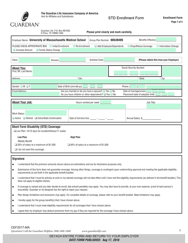 Guardian Life Insurance Enrollment Form screenshot