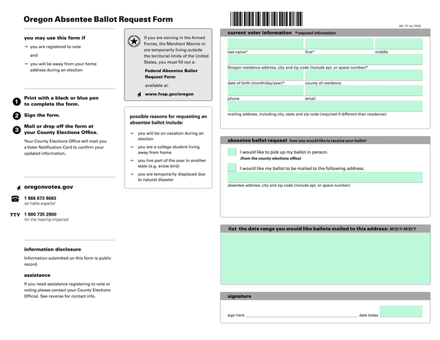 Oregon Absentee Ballot Request Form screenshot