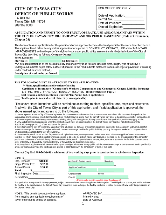 Application And Permit To Construct, Operate, Use AndOr Maintain Within The City Of Tawas City Right screenshot