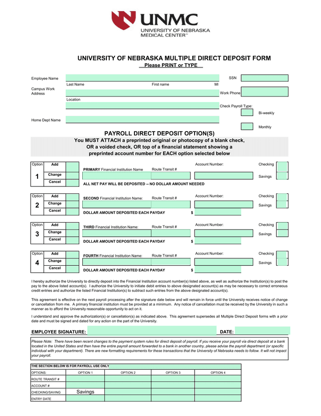 University Of Nebraska Multiple Direct Deposit Form screenshot