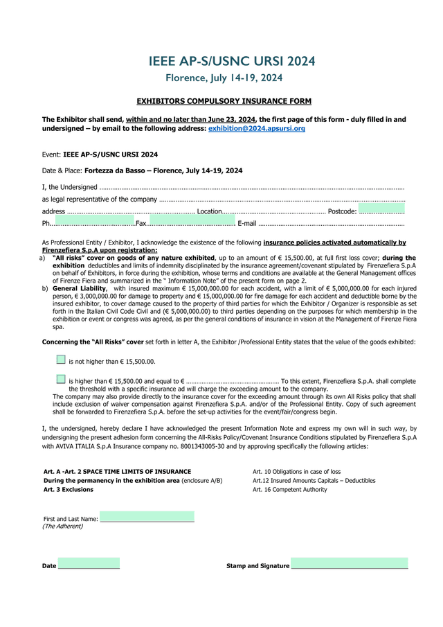IEEE AP SUSNC URSI 2024 EXHIBITORS COMPULSORY INSURANCE FORM screenshot