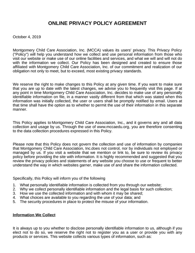 Online Privacy Policy Agreement screenshot