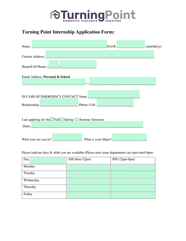 Turning Point Internship Application Form screenshot