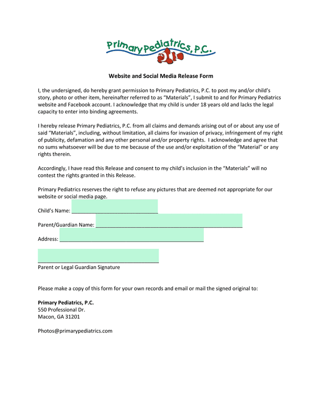 Website And Social Media Release Form screenshot