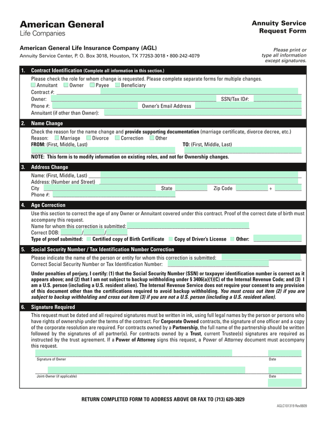 Annuity Service Request Form screenshot