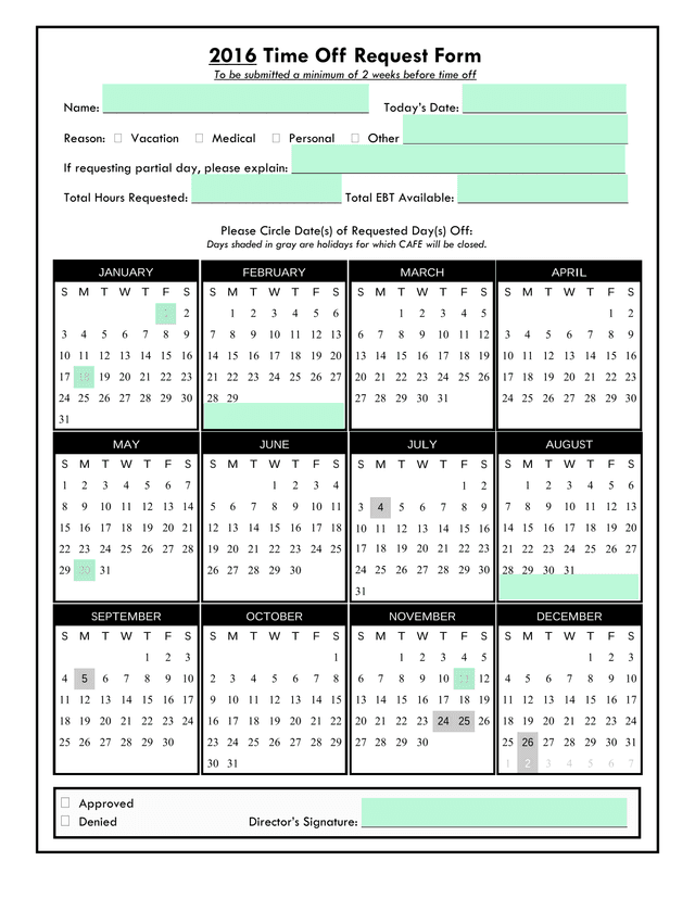 2016 Time Off Request Form screenshot
