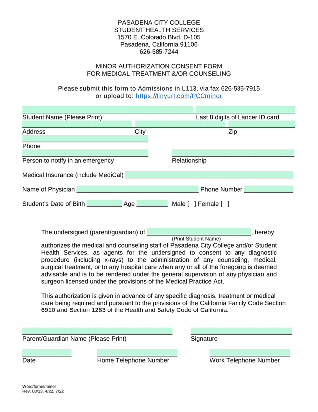 Minor Authorization Consent Form For Medical Treatment Or Counseling screenshot