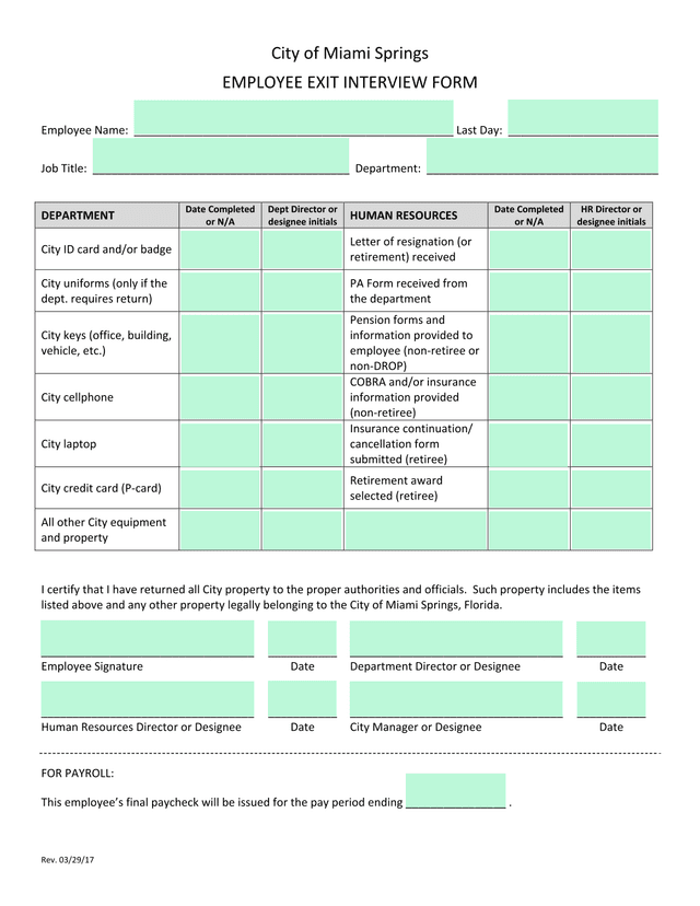 Employee Exit Interview Form screenshot