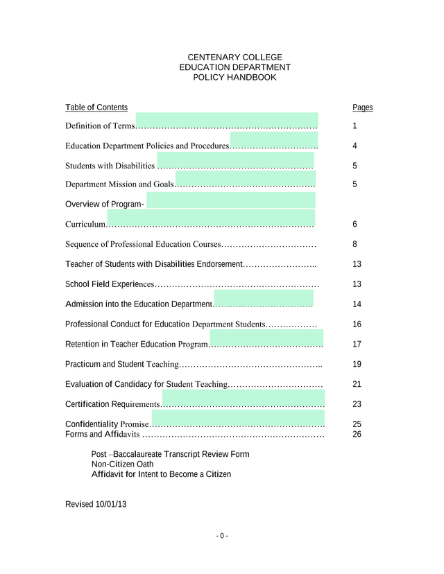 Centenary College Education Department Policy Handbook screenshot