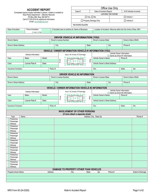 NPD Form 95 Walk In Accident Report screenshot