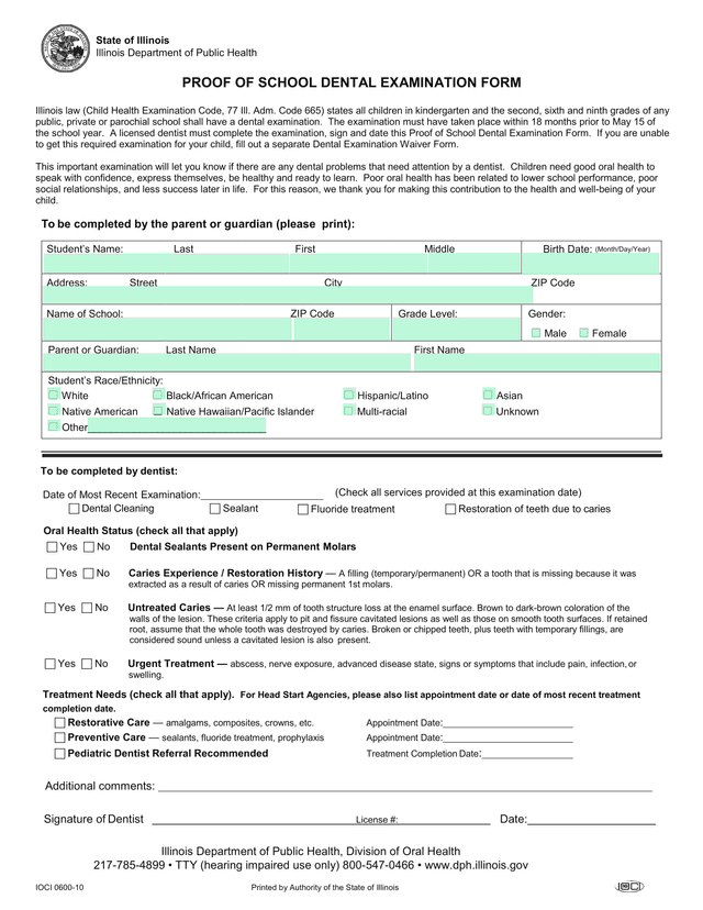 Proof Of School Dental Examination Form screenshot