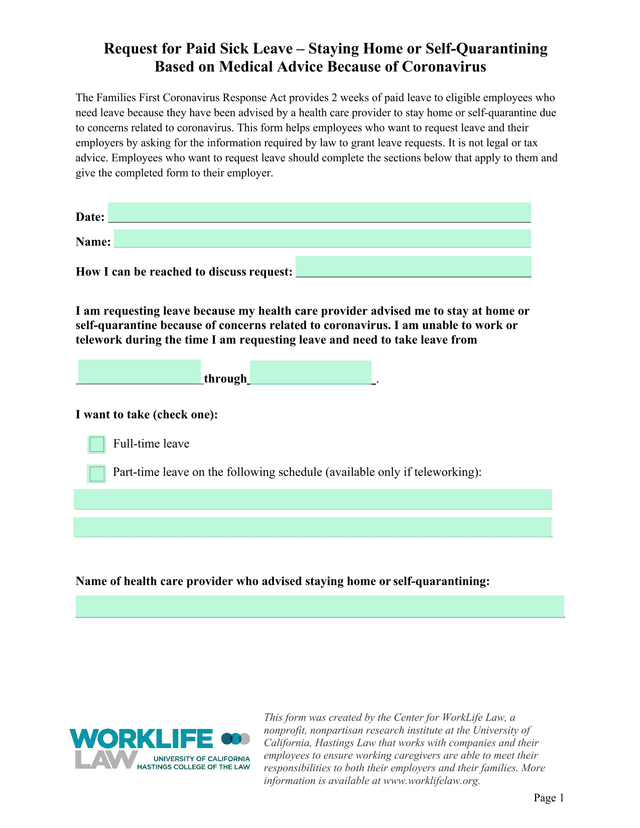 Request For Paid Sick Leave  Staying Home Or Self Quarantining Based On Medical Advice Because Of Co screenshot