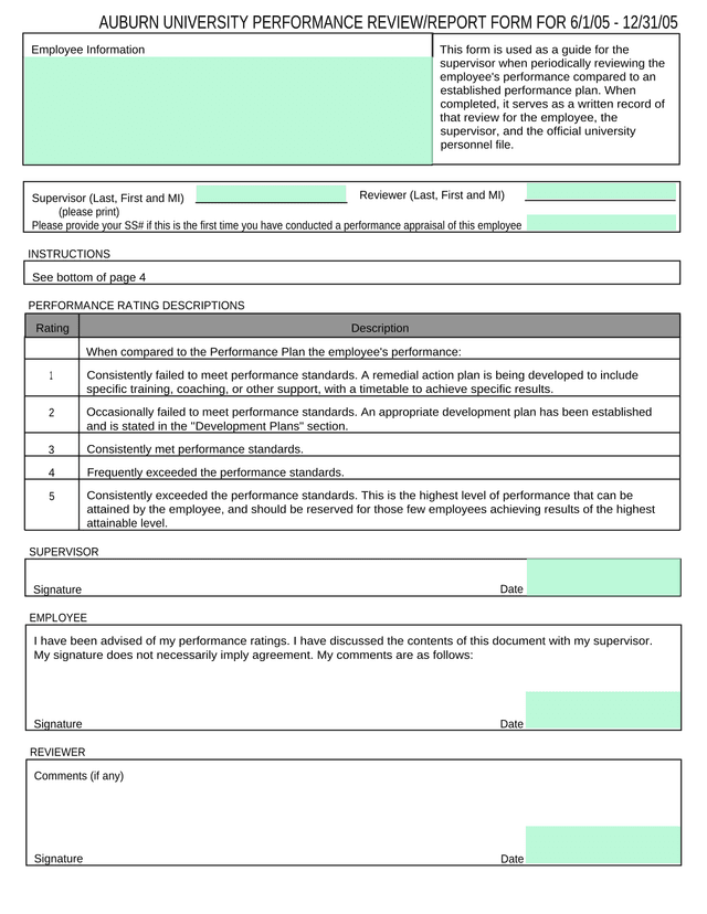 Auburn University Performance ReviewReport Form screenshot