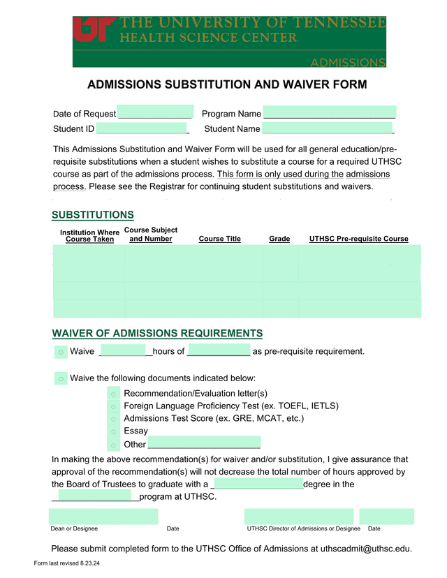 ADMISSIONS SUBSTITUTION AND WAIVER FORM screenshot