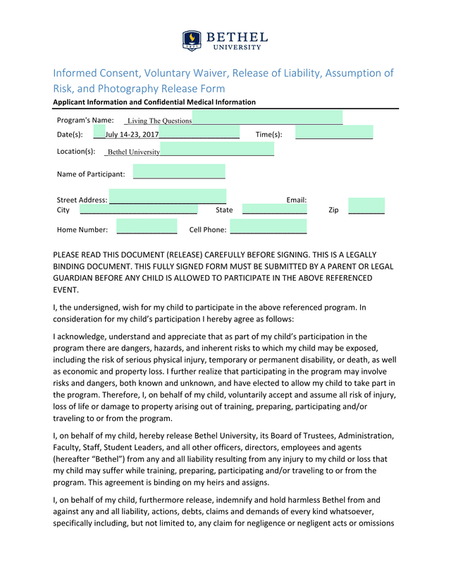 Informed Consent, Voluntary Waiver, Release Of Liability, Assumption Of Risk, And Photography Releas screenshot