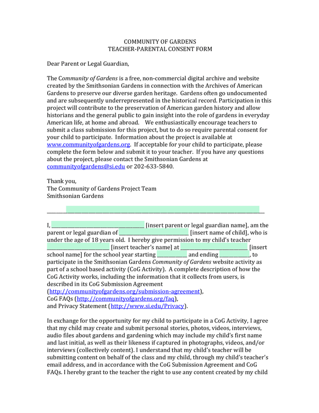 Community Of Gardens Teacher Parental Consent Form screenshot