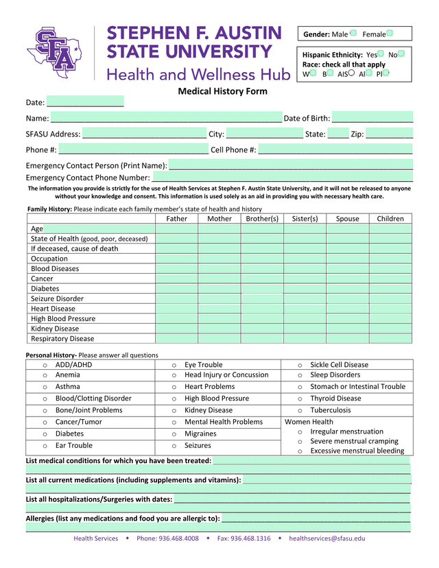 Medical History Form screenshot