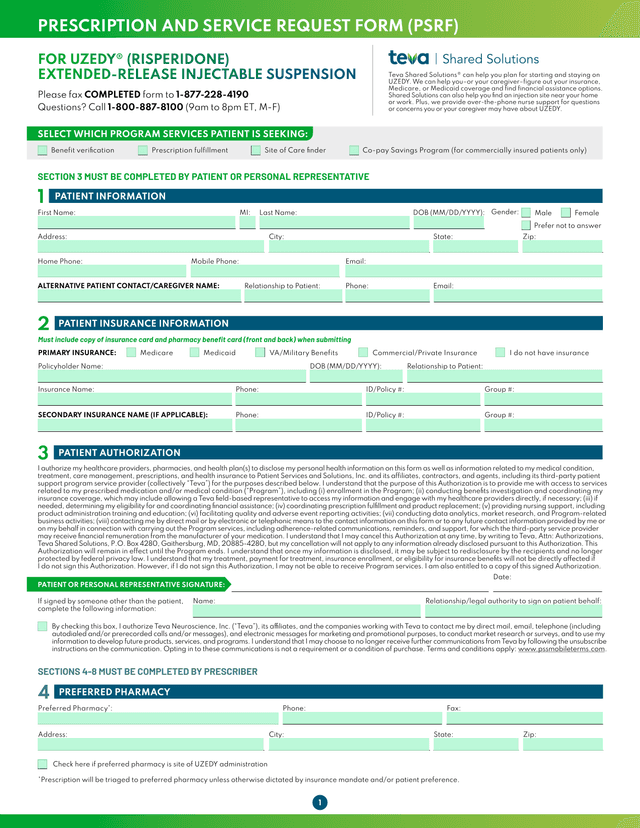 PRESCRIPTION AND SERVICE REQUEST FORM (PSRF) FOR UZEDY (RISPERIDONE) EXTENDED RELEASE INJECTABLE SUS screenshot