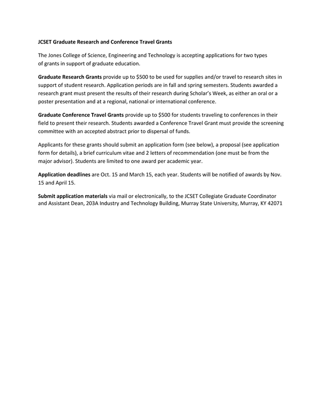 JCSET Graduate Research And Conference Travel Grants screenshot