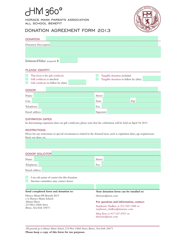Donation Agreement Form 2013 screenshot