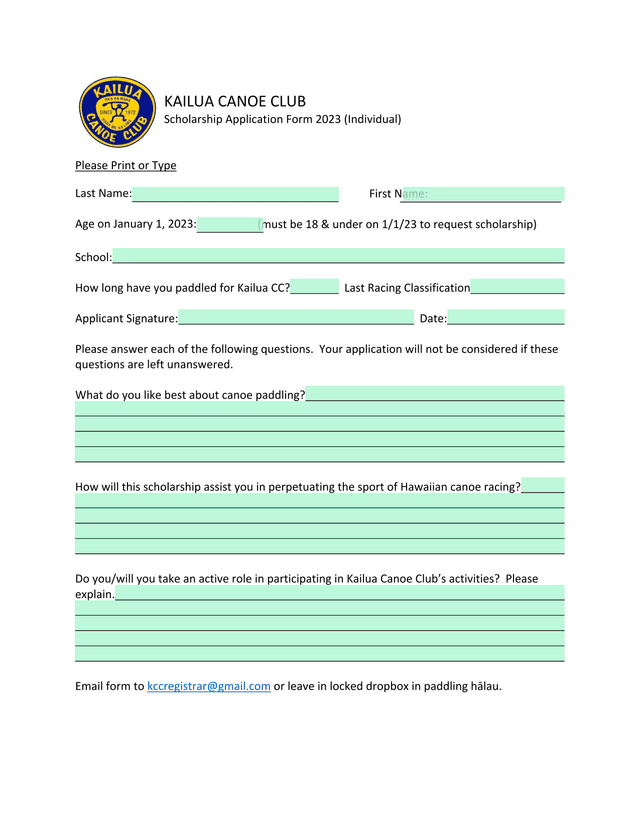 Kailua Canoe Club Scholarship Application Form 2023 (Individual) screenshot