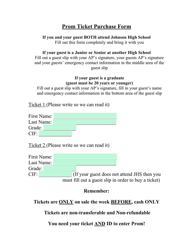 Prom Ticket Purchase Form screenshot