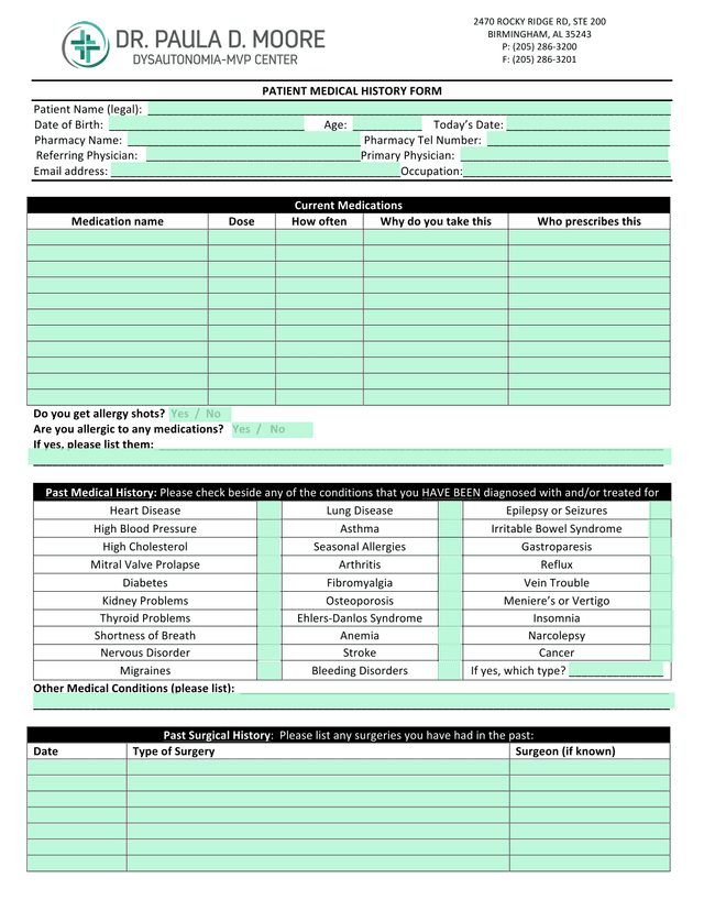PATIENT MEDICAL HISTORY FORM screenshot