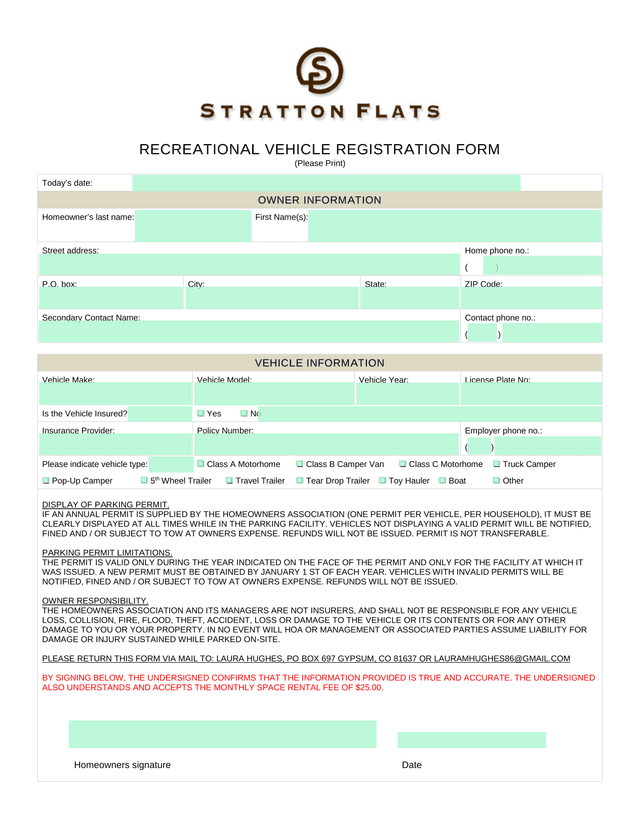 Recreational Vehicle Registration Form screenshot
