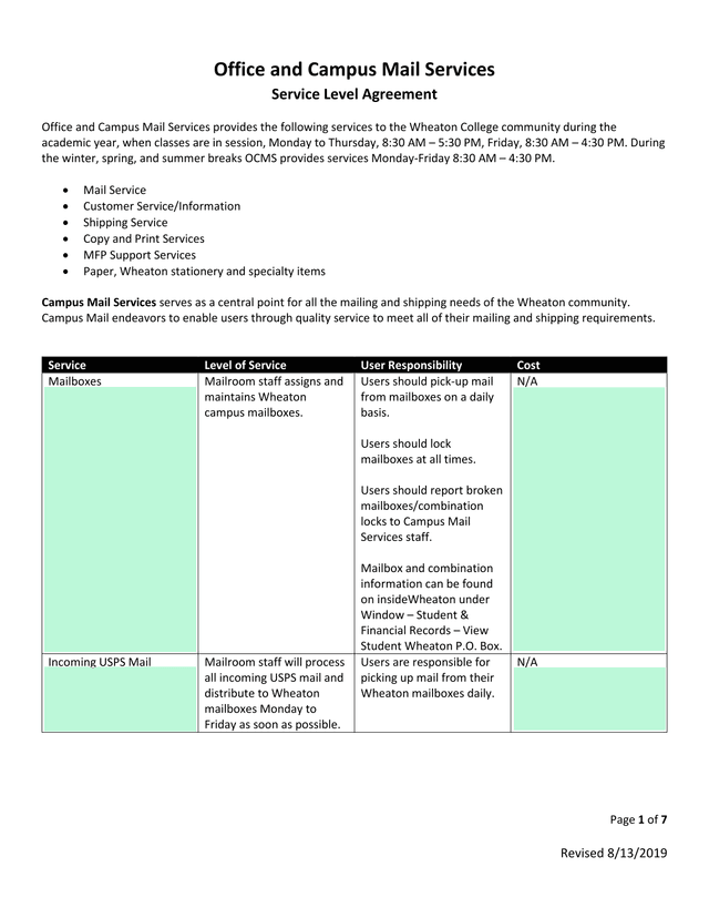 Office And Campus Mail Services Service Level Agreement screenshot
