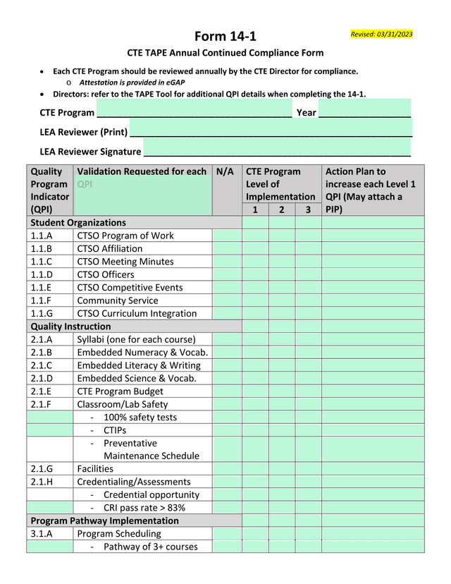 Form 14 1 CTE TAPE Annual Continued Compliance Form screenshot