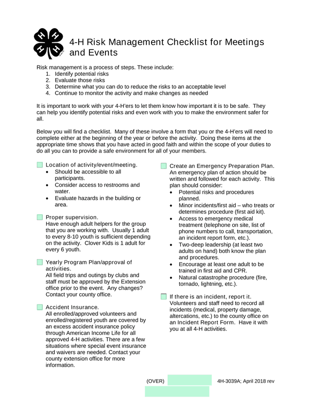 4 H Risk Management Checklist For Meetings And Events screenshot