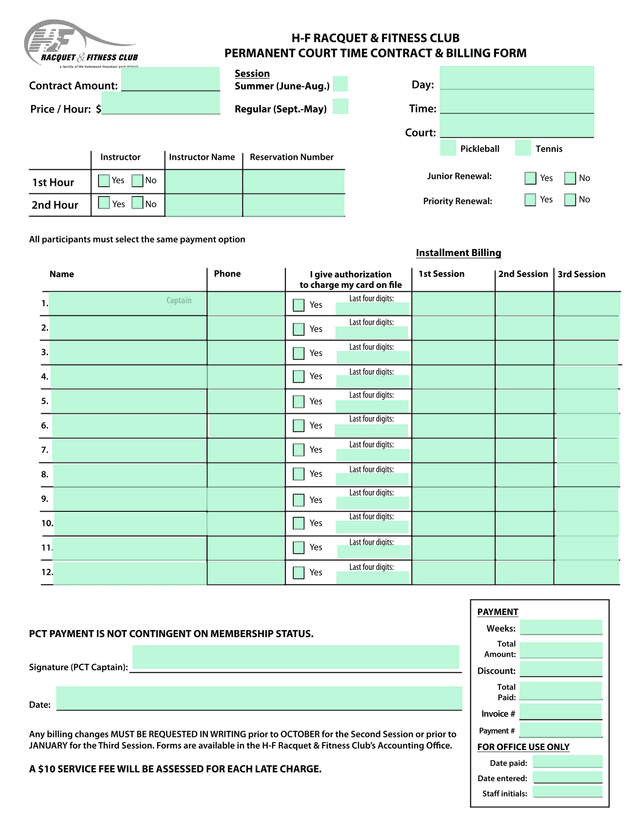 H F Racquet  Fitness Club Permanent Court Time Contract  Billing Form screenshot