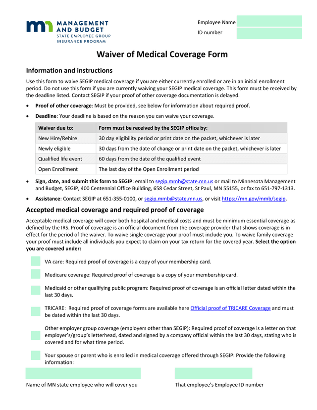 Waiver Of Medical Coverage Form screenshot