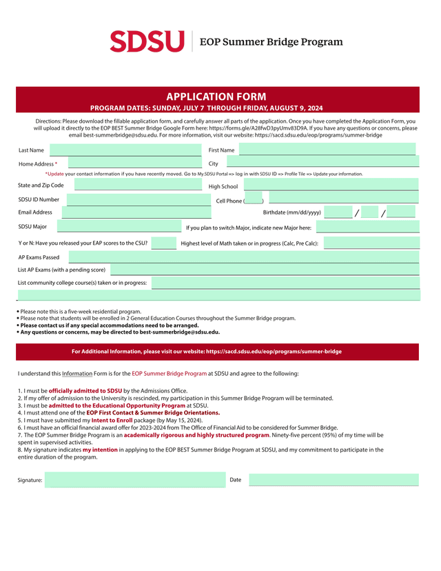 EOP BEST Summer Bridge Program Application Form screenshot