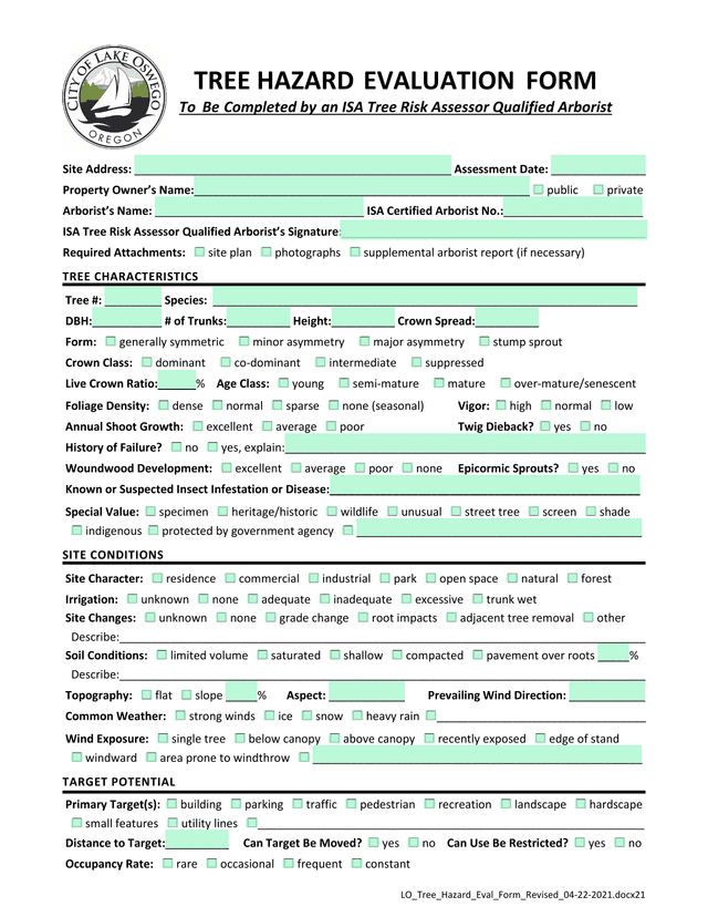 Tree Hazard Evaluation Form screenshot