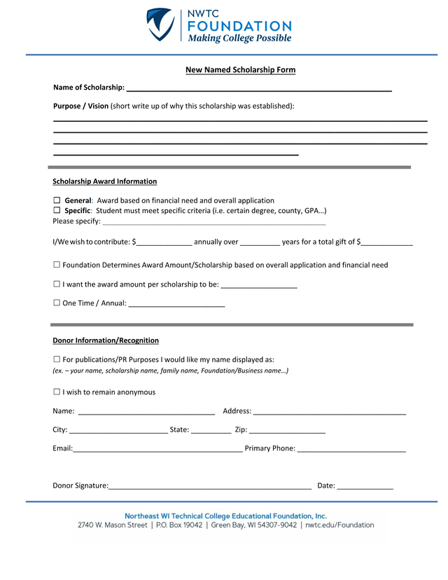 New Named Scholarship Form screenshot