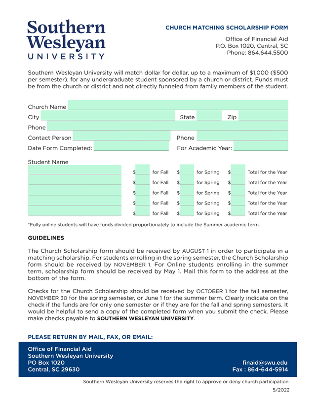 Church Matching Scholarship Form screenshot