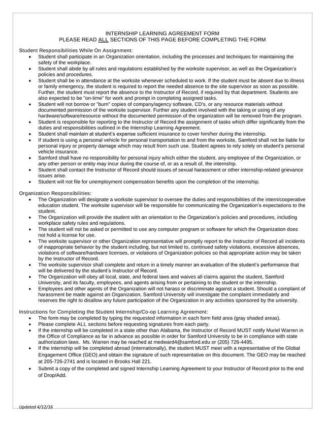 INTERNSHIP LEARNING AGREEMENT FORM screenshot