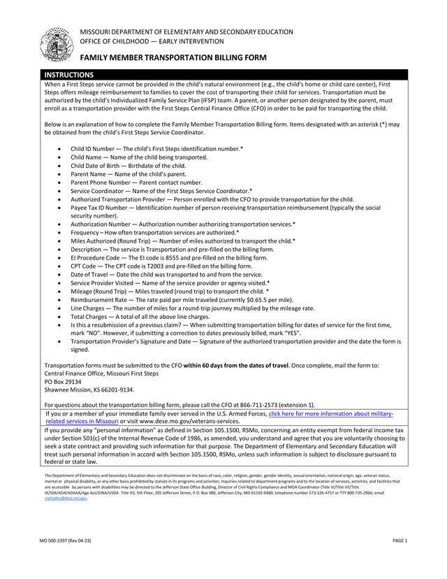 Family Member Transportation Billing Form screenshot