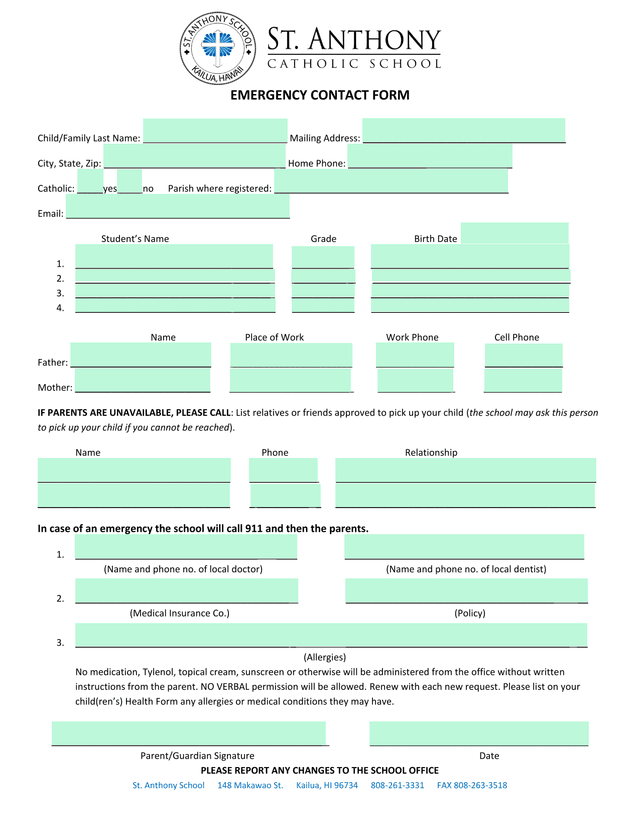 EMERGENCY CONTACT FORM screenshot