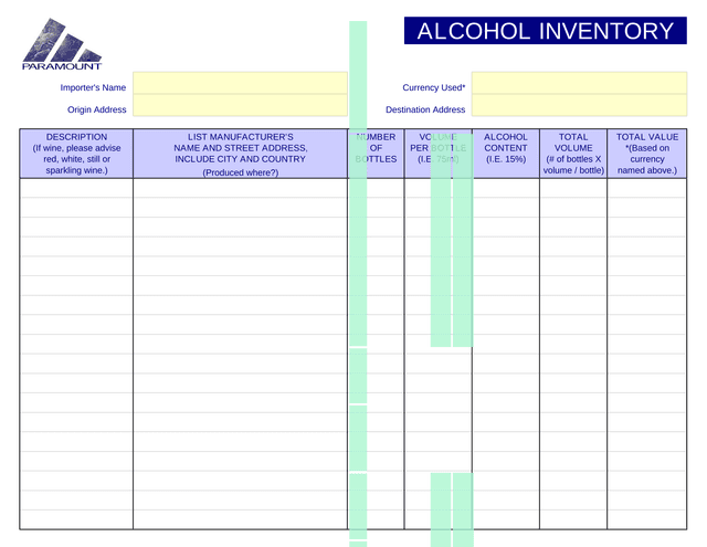 Alcohol Inventory Form screenshot