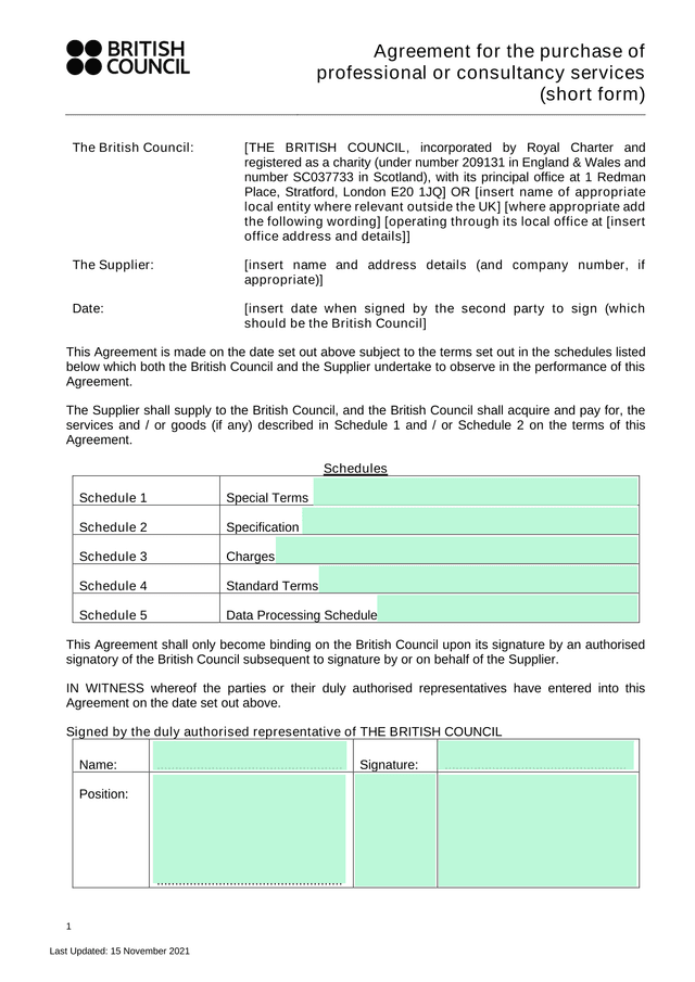Agreement For The Purchase Of Professional Or Consultancy Services (Short Form) screenshot
