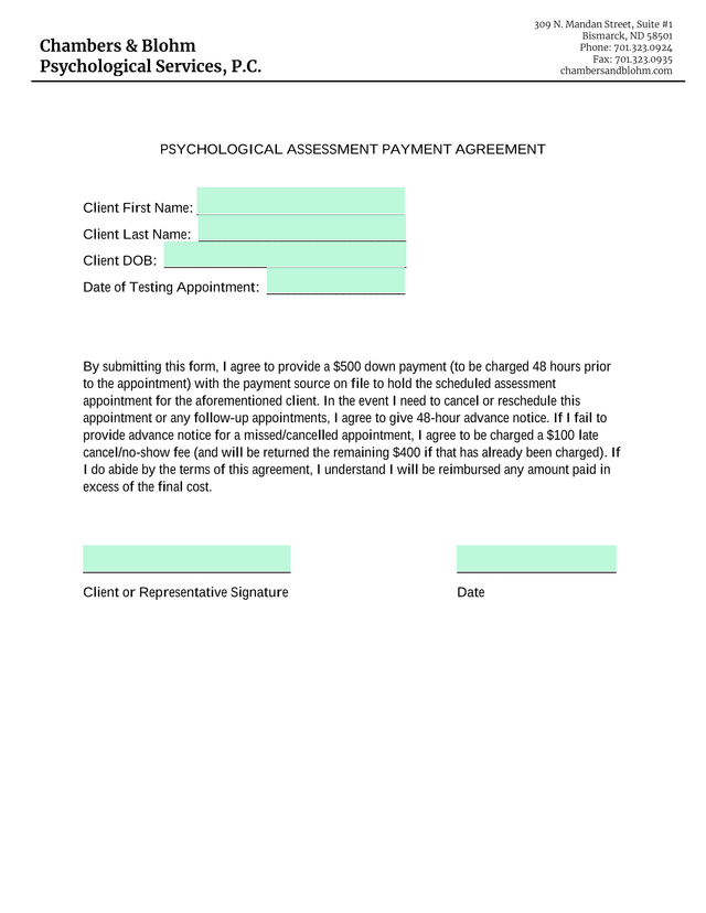Psychological Assessment Payment Agreement screenshot