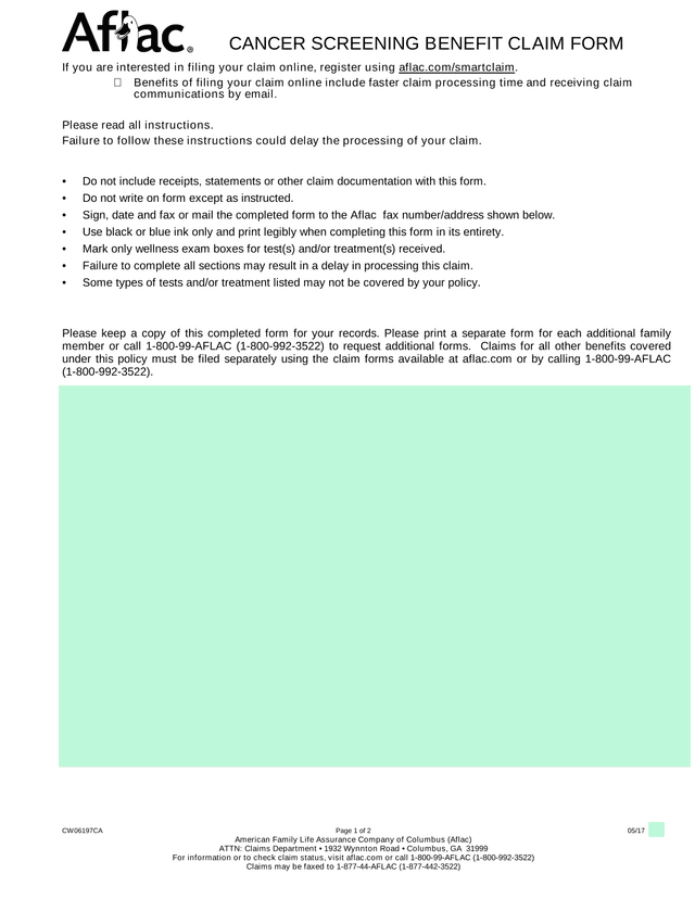 Cancer Screening Benefit Claim Form screenshot
