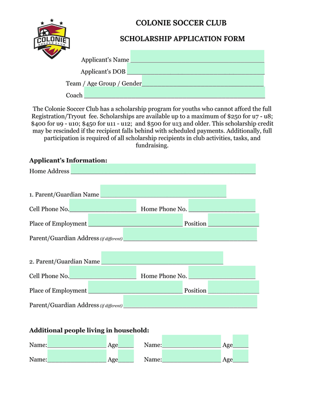 Colonie Soccer Club Scholarship Application Form screenshot